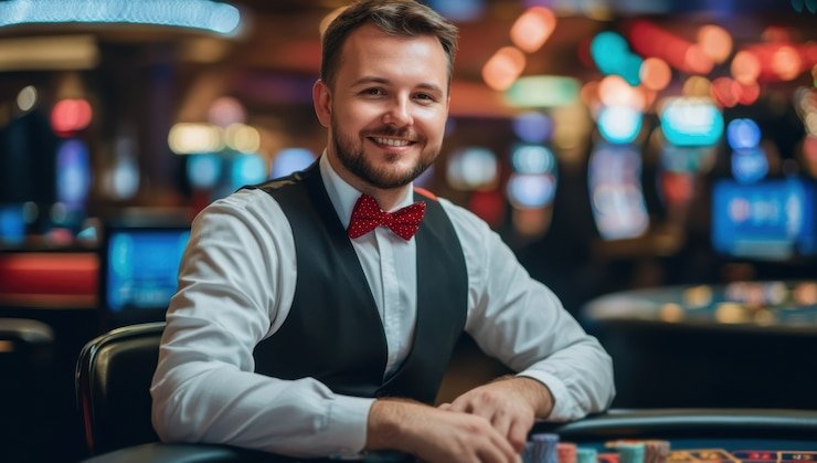 Dealer revealing Andar Bahar card outcomes with tropical studio backdrop